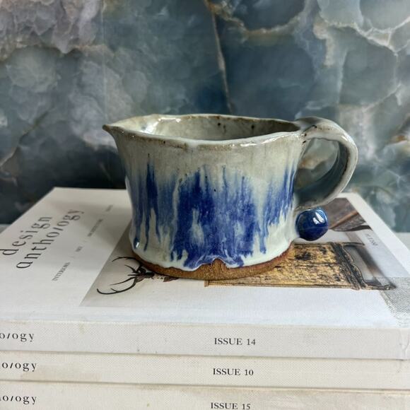 Studio Art Pottery Creamer Cup Handle Blue Gray Stoneware Freeform Drip Glaze - Picture 3 of 8
